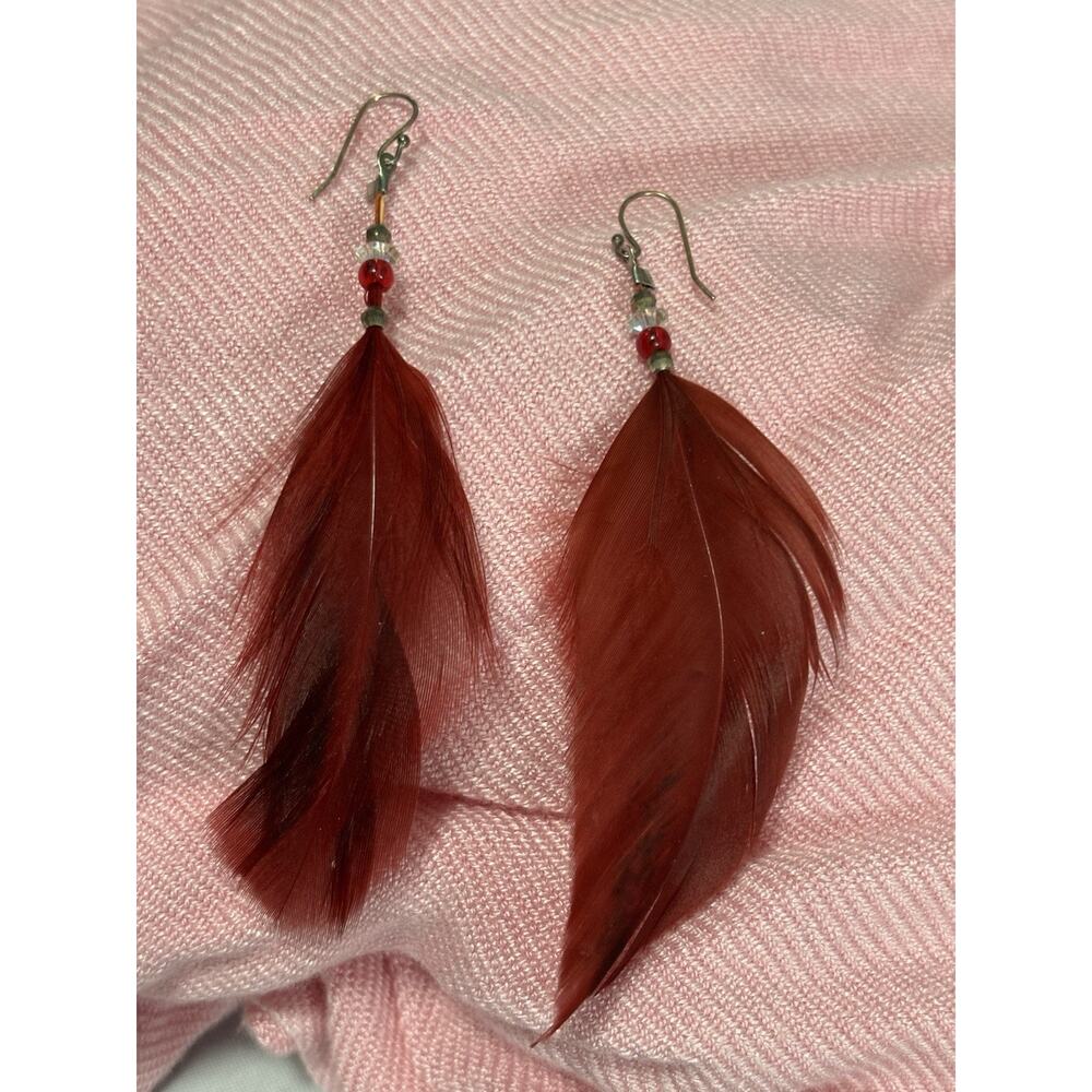 Red Feather Dangle Earrings Y2K 90's Hippie Festival Colorful Fairy BOHO Western